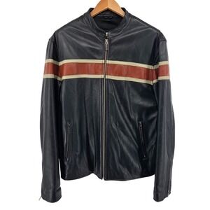 Wilsons Leather M. Julian Mens Black Orange Cafe Racer Jacket Racing Stripes L